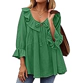 ZESICA Womens Scoop Neck 3/4 Length Sleeve Tops 2026 Casual Tie Front Ruffle Tiered Loose Tunic Shirts Blouses Fall Outfits