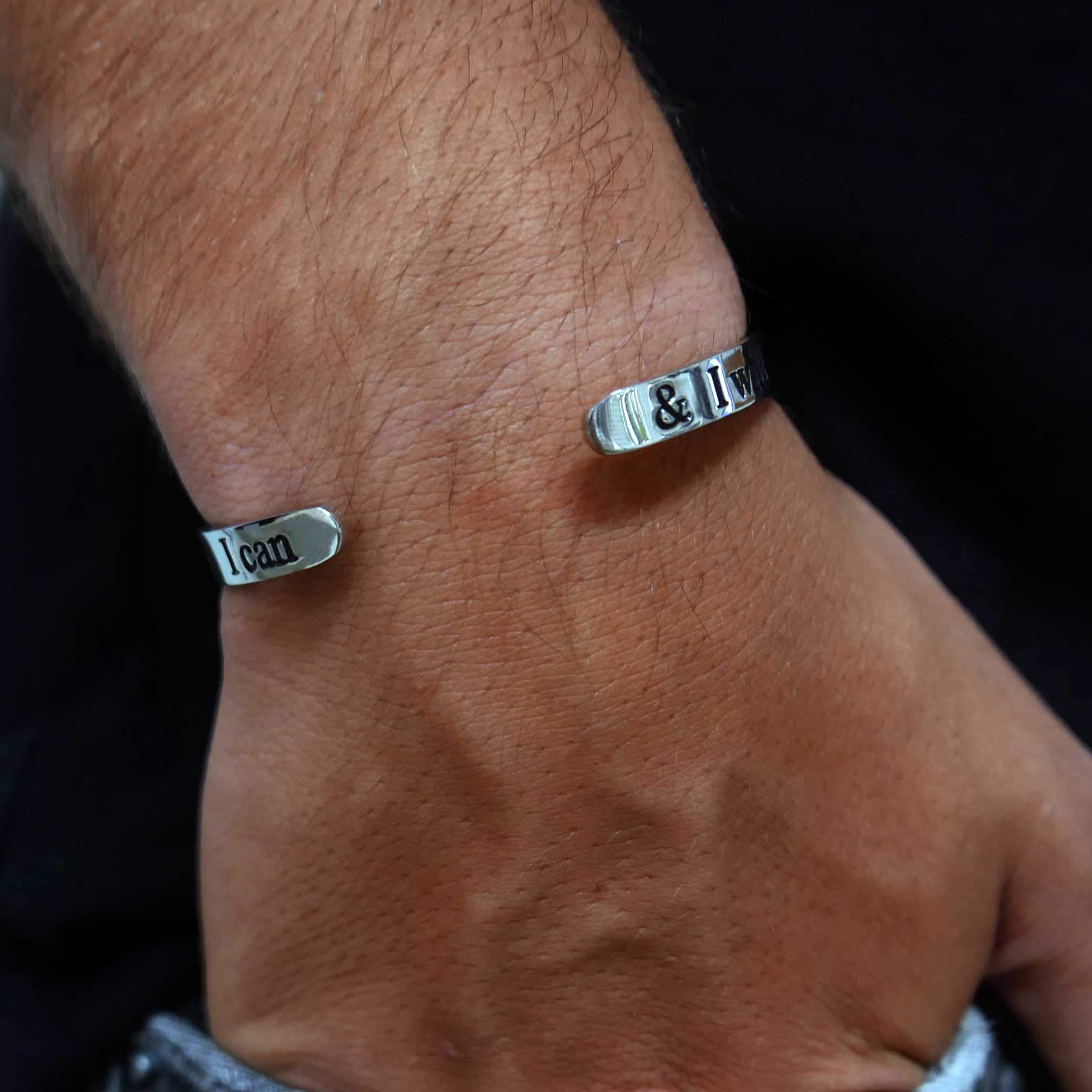 Silver Engraved Bracelet for Him & Her - Adjustable Open Bangle - Inspiration Cuff Jewelry (6.5, I Can & I Will)