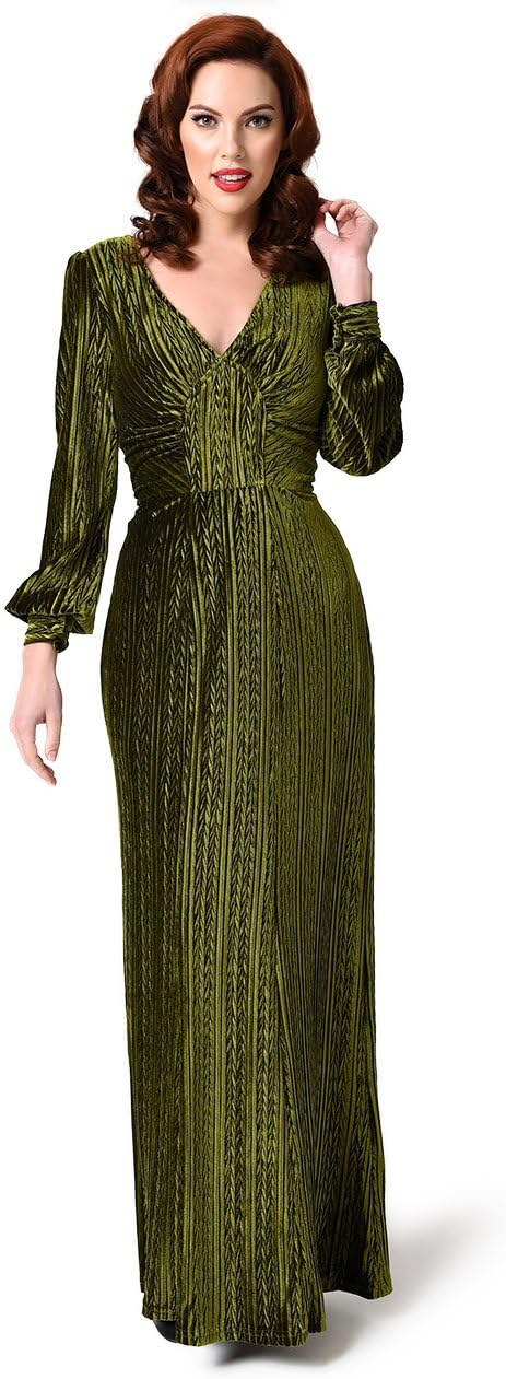Unique Vintage Voodoo Vixen Olive Green Velvet Long Sleeve Maxi Dress