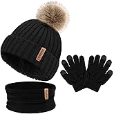 Hicdaw Kids Winter Hats Gloves Scarf Set Touchscreen Glove With Removable Pompom Fleece Lined Toddler Beanie Hat for Boy Girl