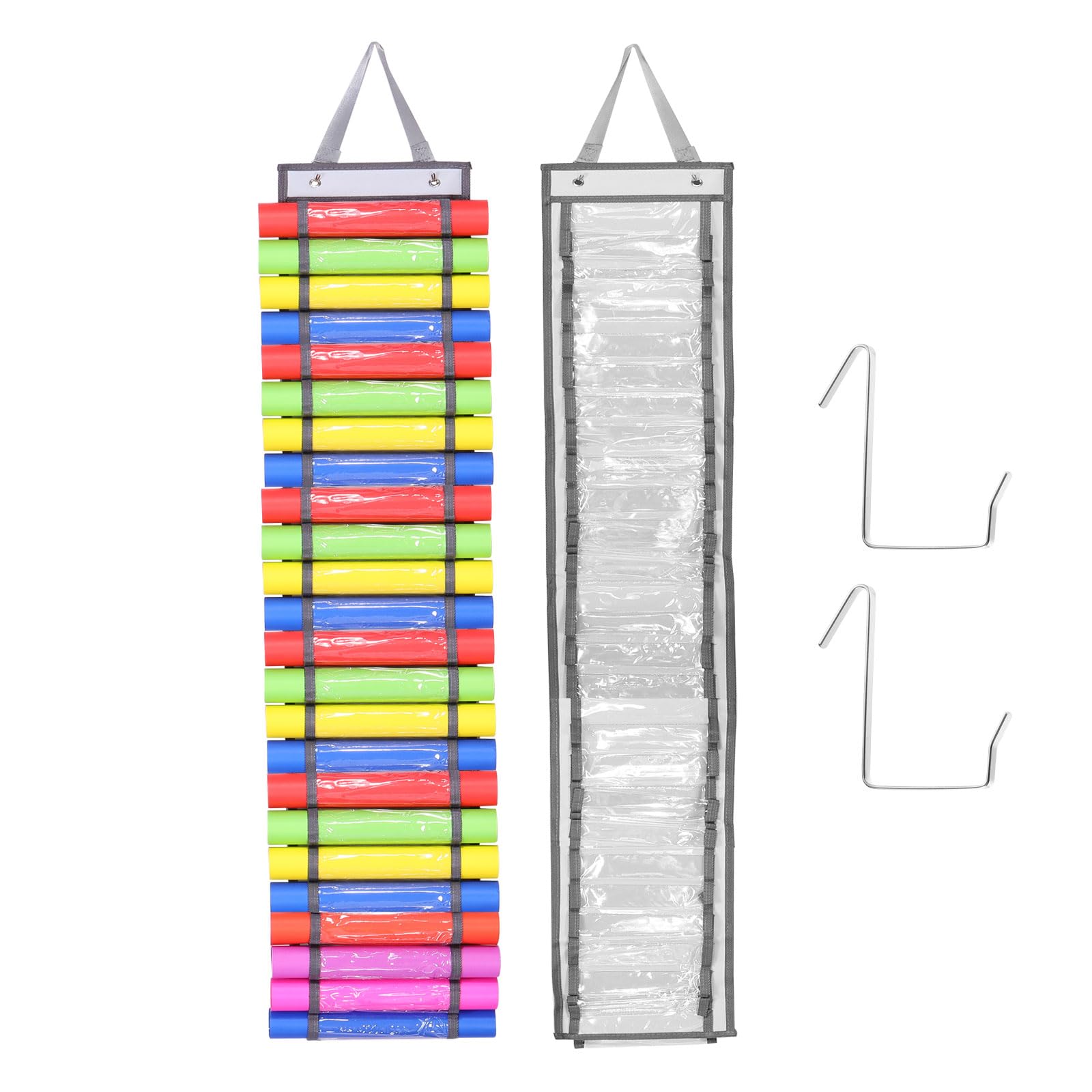 PATIKIL 48 Compartments Vinyl Roll Holder, Vinyl Storage Organizer Wall Mount/Over Door Roll Storage with 2 Hooks and Hanging Strap for Home Room, Gray