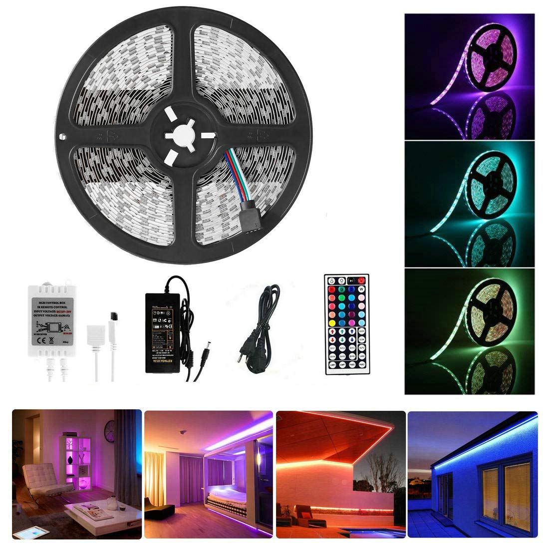 Guaiboshi 10M Tiras de Luz LED Strip RGB 5050 SMD 600 LEDs DIY Stripes Flexible con 24V Adaptador de Alimentación + 44 Mando a Distancia Clave + Receptor Kit para casa, jardín, decoración [Clase energética A +]