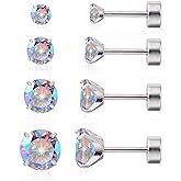 limerencia 4 Pairs G23 Hypoallergenic Flat Back Titanium Earrings Set for Women Men,20G 3-6mm Screw Back Cubic Zirconia Studs Cartilage Earrings for Sensitive Ears