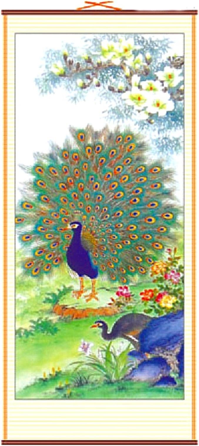 Asian Peacock ~ Rattan Scroll Picture Asian Art Ratan Decor Feng Shui