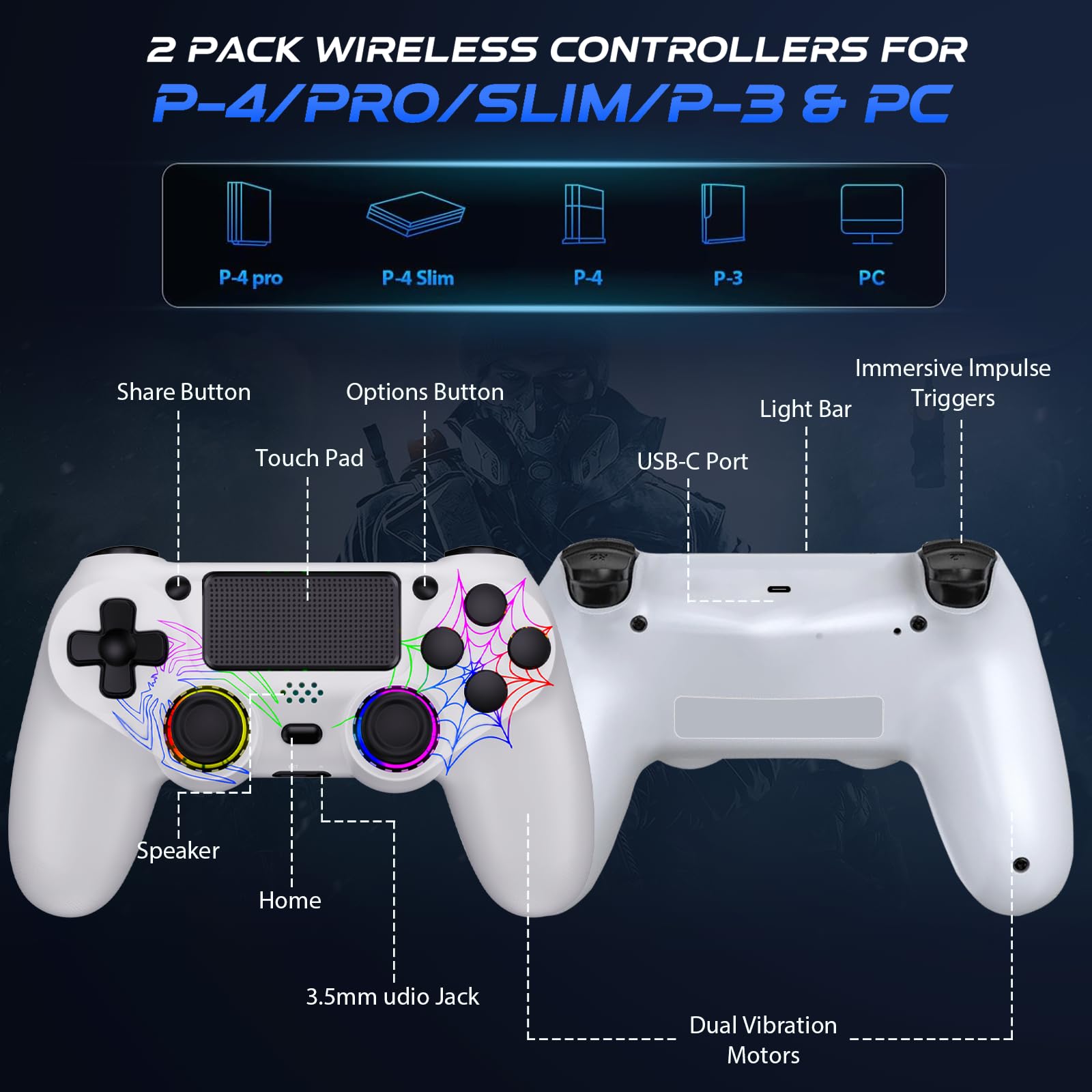 Fanyooge Controller for PS4, 2 Pack Spider Pattern RGB Controller for Ps4 with Hall Effect Joystick/1000mAh Battery/USB C/Dual Vibration/6-Axis Gyro/3.5mm Audio Jack