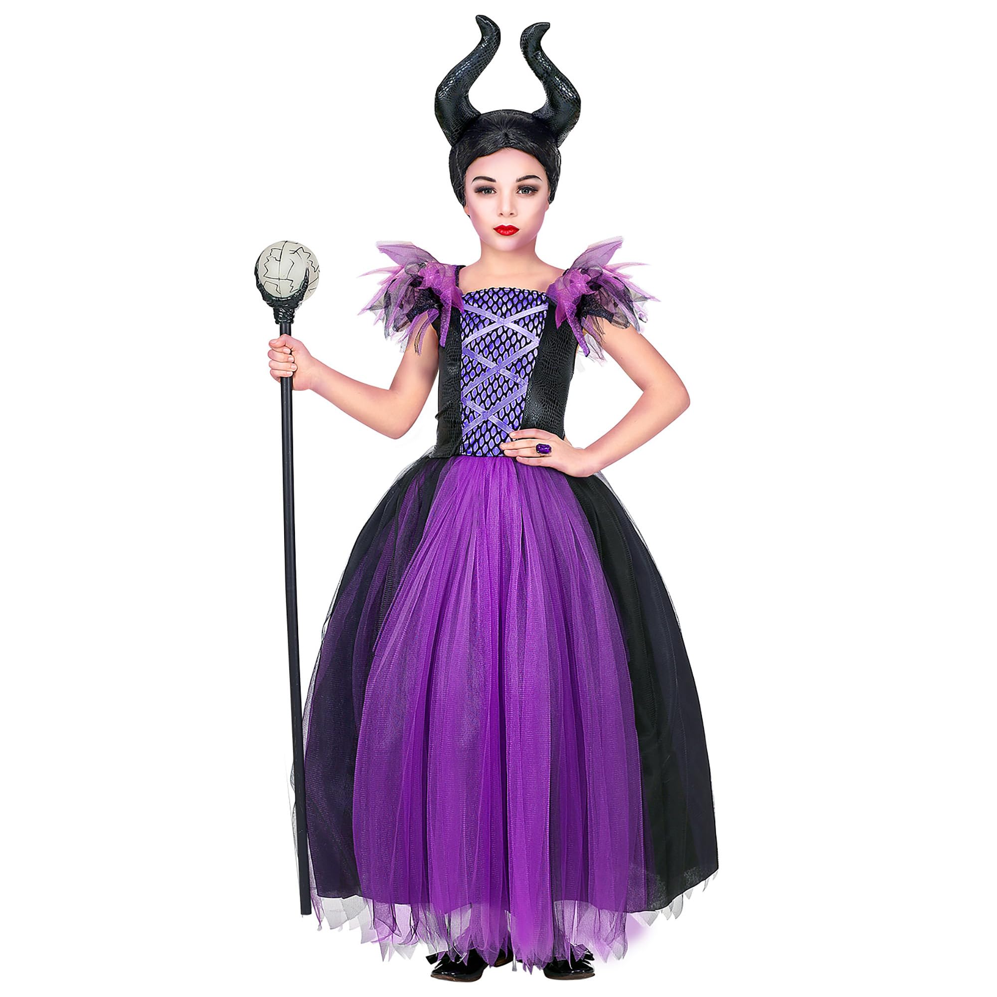 W WIDMANN MILANO Party Fashion - Girls' Maleficent Costume with Headdress, Dark, Gothic, Fantasy, Fairy Tales, Horror, Halloween, Carnival, Theme Parties