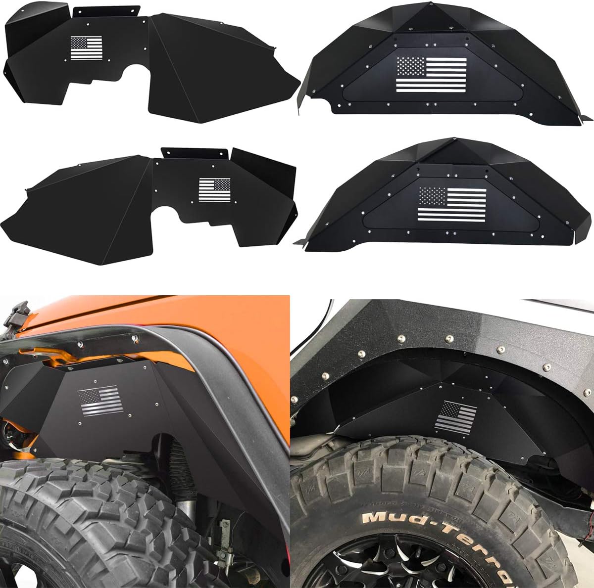Bentolin Front and Rear Inner Fender Liners Compatible for 2007-2018 Wrangler JK 4WD US Flag Logo Aluminum Lightweight Design Black