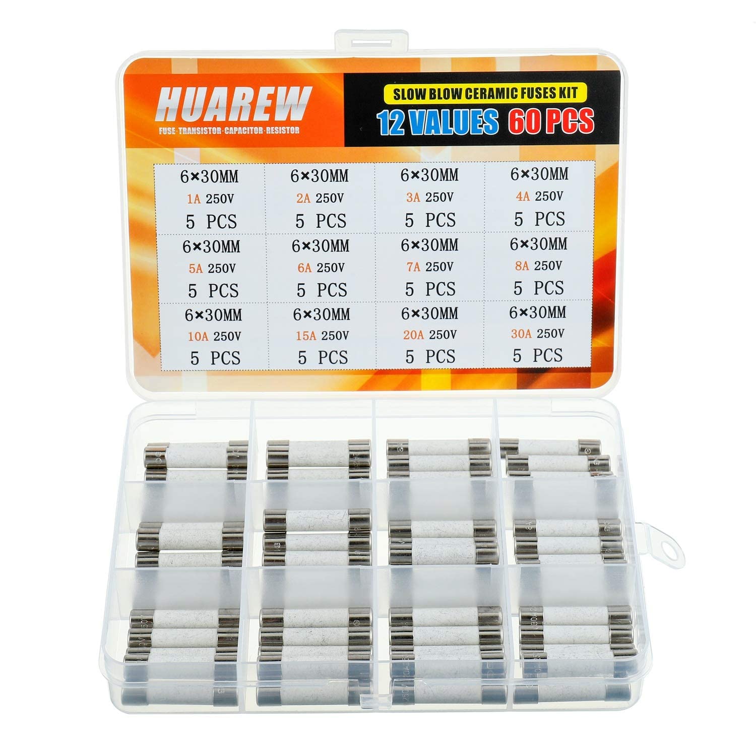 HUAREW 12 values 60 pieces 6x30 mm 1A 2A 3A 4A 5A 6A 7A 8A 10A 15A 20A 30 A 250 V slow blow ceramic tube fuse classification kit