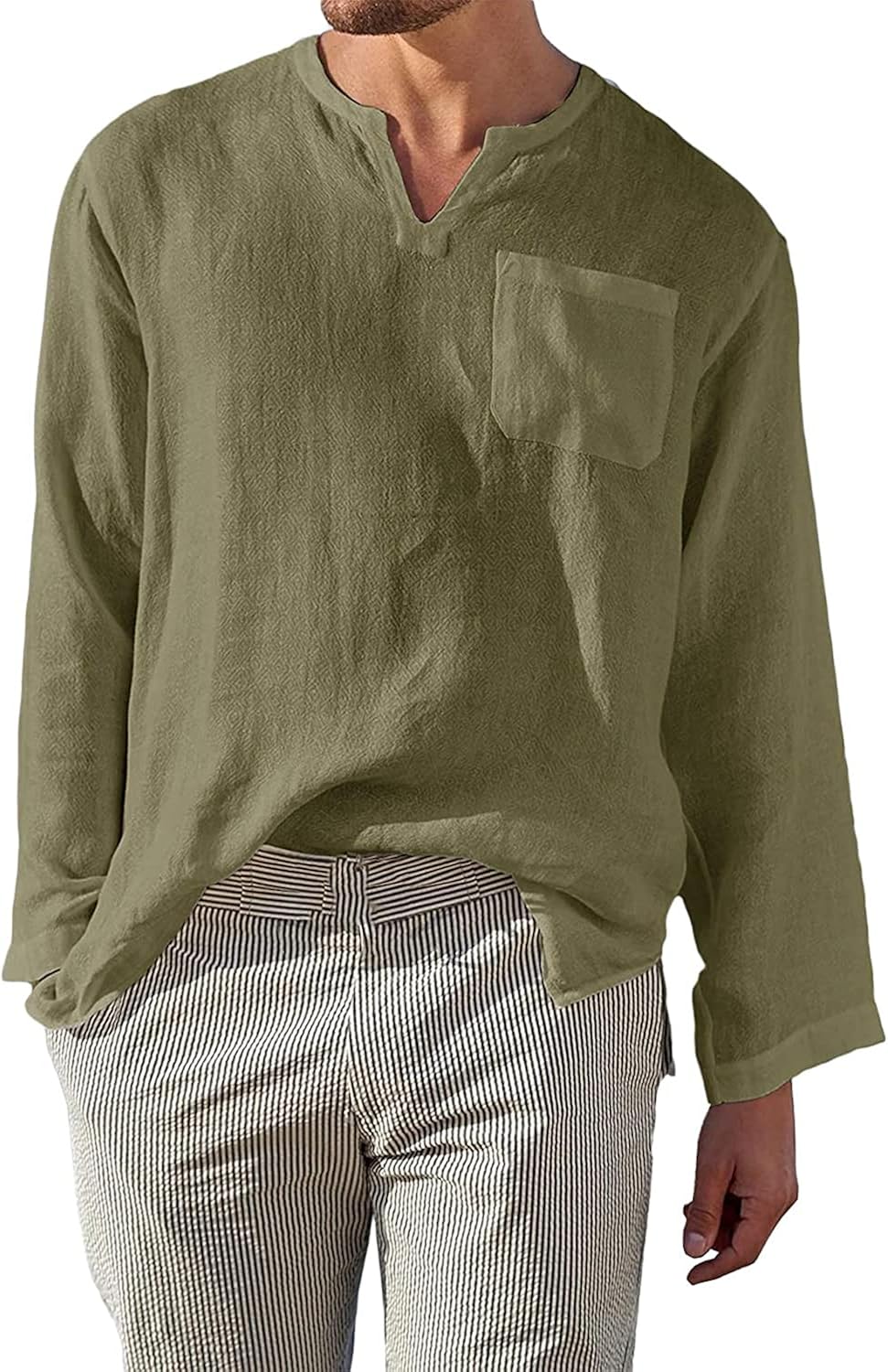 AUDATE Mens Shirts Casual Linen Beach Shirt Long Sleeve Roll Up