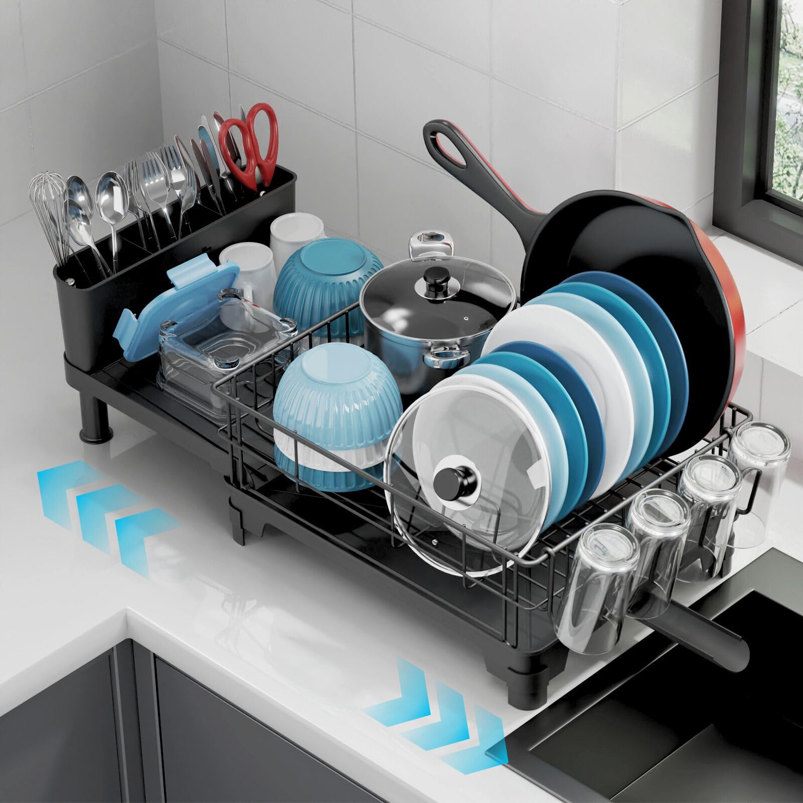 Photo 1 of ***see clerk notes*** GSlife Expandable Dish Drying Rack - Large Dish Racks for Kitchen Counter with Pan Slot, Anti-Rust Sink Dish Drainer with Drainboard and Utensil Holder, 18.7"-25.2" L x 12.6" W, Black