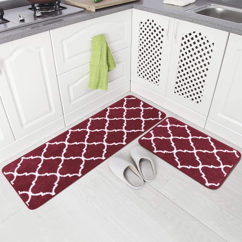 Carvapet 2 Pieces Non-Slip Kitchen Rugs Machine Washable Moroccan Pattern Doormat Kitchen Floor Mat (Red)