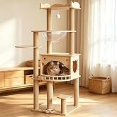 KVIDA 56.7" Solid Wood Cat Tree for Large Cats, Heavy Duty Cat Tower | Cat tree for large cats 20 lbs with scratching post, simple cat tower for climbing, scratching and resting with stable design