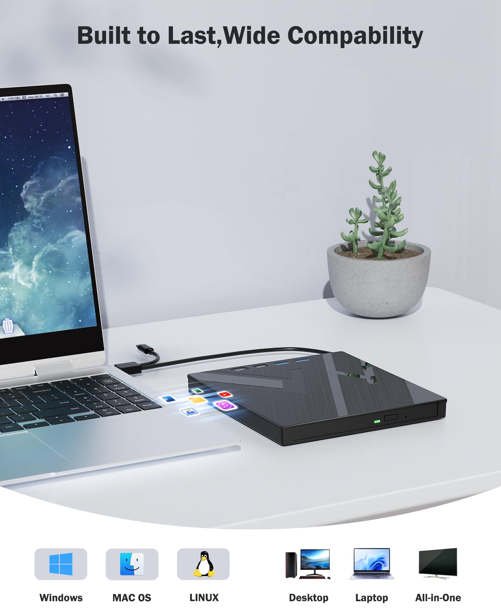 7 in 1 External CD/DVD Drive for Laptop, Portable DVD Player for Laptop with SD/TF Port, External DVD Drive with USB 3.0/Type C, CD Drive USB for PC Windows Linux
