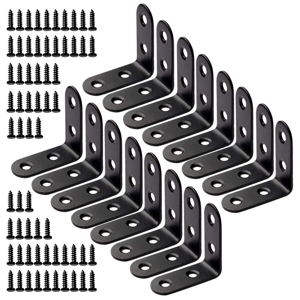 anjias 16 Pcs Black L Brackets,40mm *40 mm Stainless Steel Bracket Corner 90 Degree Right Angle Brackets with 64 Pcs Screws for Wooden Furniture Window Shelf Desk