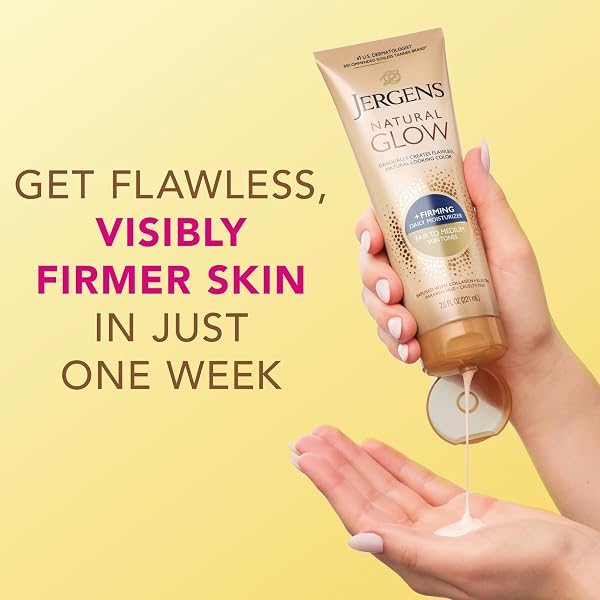JERGENS NATURAL GLOW +FIRMING SELF TANNER BODY LOTION, FAIR TO MEDIUM SKIN TONE, SUNLESS TANNING MOISTURIZER WITH COLLAGEN AND ELASTIN, HELPS TO VISIBLY REDUCE CELLULITE, 7.5 FL OZ