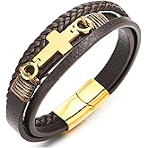 COOLSTEELANDBEYOND Brown Leather Bangle Bracelet Gold Color Steel Horizontal Sideway Lateral Flat Cross Three-Strand