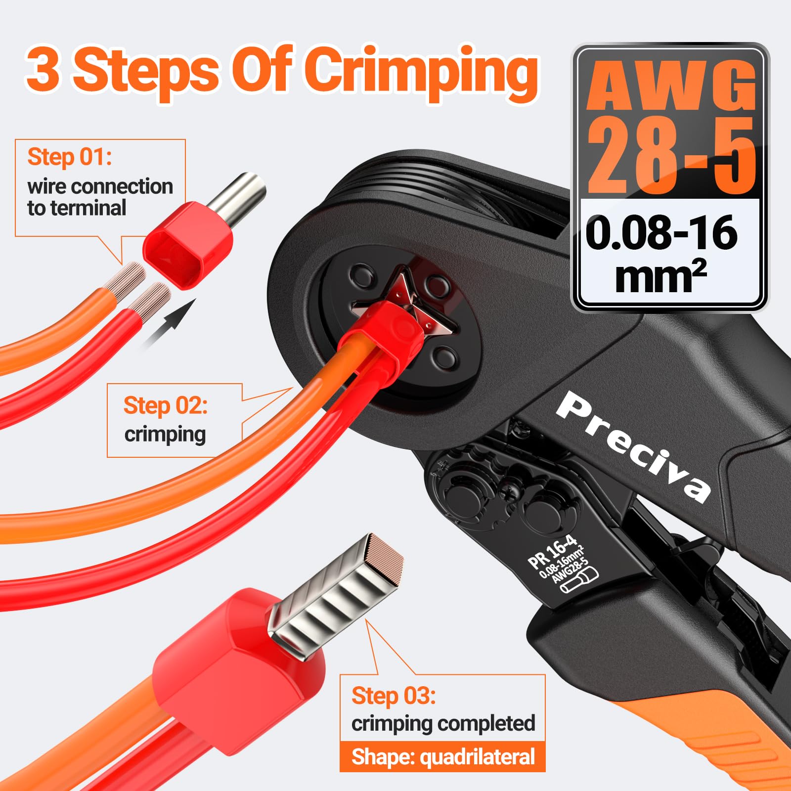 Crimpzangen Aderendhülsen Set, Preciva Crimpzange 0,08-16mm² Aderendhülsenzange mit 350 Twin und 950 Einzeilige Aderendhülsen Set für Heimwerker und industrieller Bedarf Presszange 16mm2 2