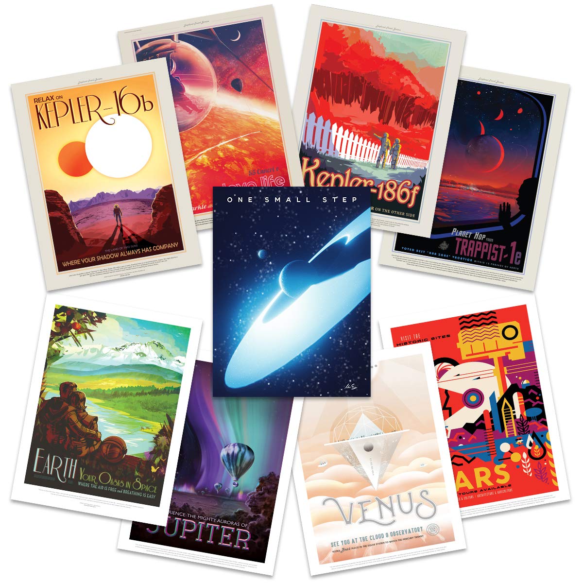 Artery8 NASA Space Grand Tour Travel Exploration Exoplanet Art Print Poster Home Decor Premium Pack of 9 - includes Custom 50th Anniversary Apollo 11 Moon Landing Print — image 1