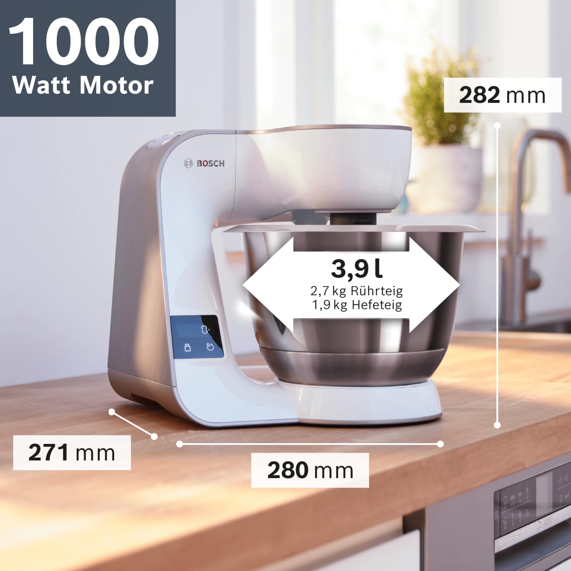 Bosch Küchenmaschine Serie 4, integrierte Waage, Mixer 1,25 L, Edelstahl-Schüssel 3,9 L, Profi-Knethaken, Schnee-, Silikonbesen, Durchlaufschnitzler, 4 Scheiben, 1000 W, weiß, MUM5XW20 3