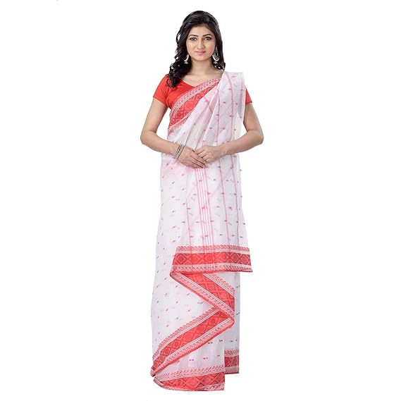Women`s Traditional Bengal Handloom Tant COtton Saree Woven Design (Red and White)