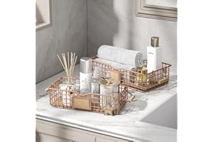 Qcold Toilet Paper Storage Basket, 2 Pack Baskets for Bathroom Organizers and Storage, Narrow Wire Storage Baskets for Toilet Tank Top, Bathroom Metal Basket for Bathroom Decor (Set of 2, Rose-gold)