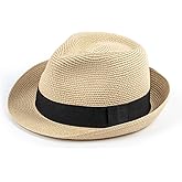 AQOKKA Summer Straw Fedora Hat for Women Men Travel Panama Hat with Wide Brim Roll Up Sun Hat for Beach Outdoor UPF 50+