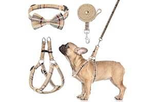 BINGPET Dog Harness Collar Leash Set,Adjustable No Pull Escape Proof Small Dog Harness,Classic Plaid Puppy Harness and Leash Set for Small Medium Large Dogs Training Easy Walk Running(Beige,S)
