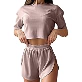 Remidoo Women's Pajamas Set Striped Tee Shirts and Shorts Side Slit Crewneck Loungewear
