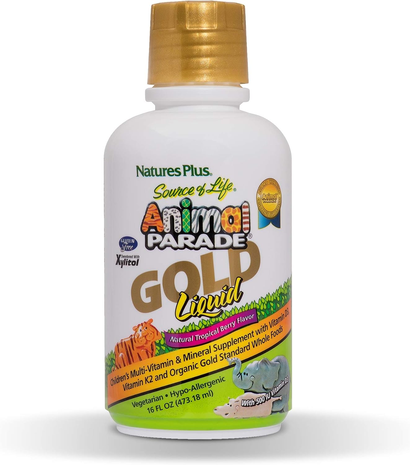NaturesPlus Animal Parade Gold Liquid Multivitamin, Plant Based Kids' Vitamin and Mineral Complex