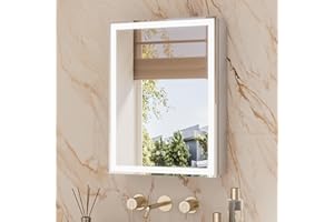 TETOTE 20 x 26 Inch LED Medicine Cabinet with Mirror for Bathroom, Silver Aluminum Frame Anti-Fog Lighted Cabinet with Steple