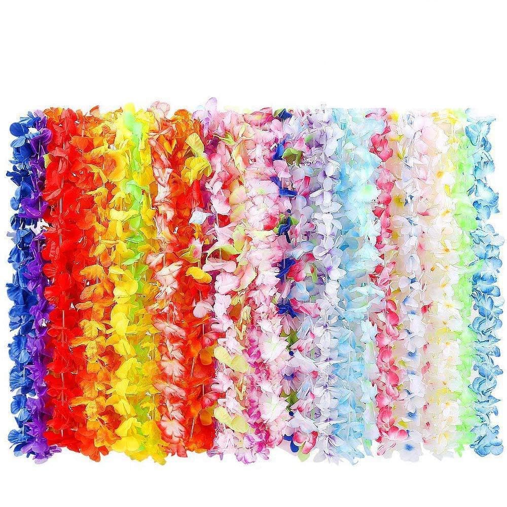 BangShou 100 Pack Hawaiian Flower Garlands, Tropical Party Decorations, Hula Necklace Lei, Aloha Tiki Beach Theme Lays for Adults, Caribbean Fancy Dress Accessories
