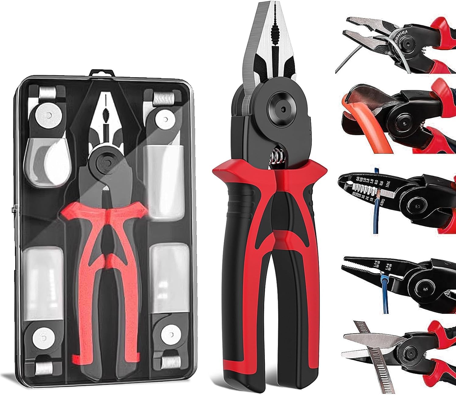 Wire Stripper Crimper Cutter Pliers, 5 in 1 Multifunctional Pliers Combination Pliers Set, Interchangeable Crimping Pliers Stripper Pliers Cutting Pliers Cable Stripping Tool Electricians Pliers