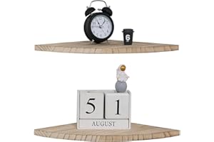 DUICIRX Corner Wall Shelves Set of 2, Rustic Wood Corner Floating Shelves with Cable Raceway, Wall Mount Storage Display for TV Accessories, Baby Monitor (Carbonized, Fan-shaped-10 Inch)