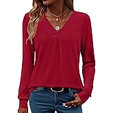 LUYYA Women's Long Sleeve Pleated V Neck Blouse Business Casual Tunic Top Loose Fit Work Shirt