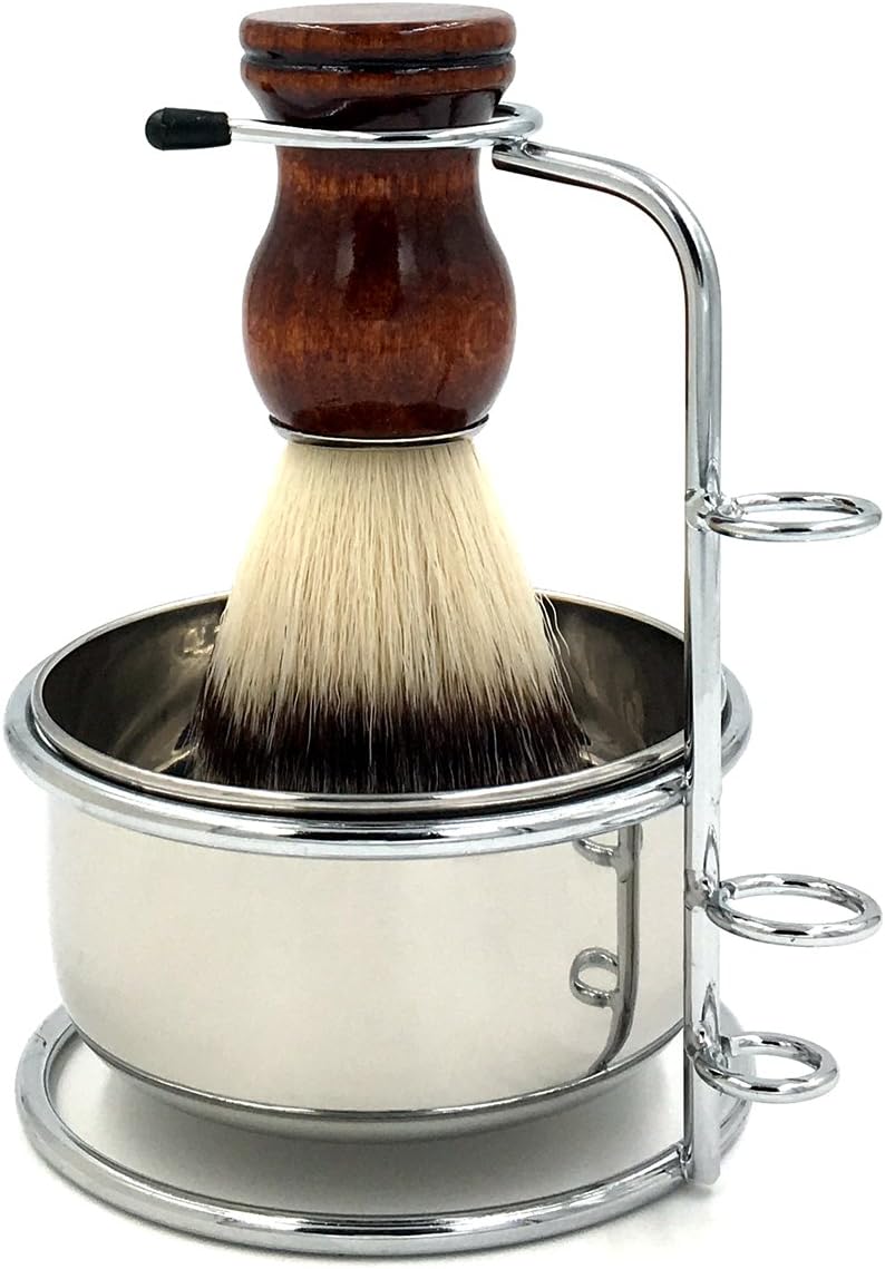 Men's Synthetic Shaving Brush with Chrome Shaving Brush Stand Holder for Razor + Stainless Steel Shaving Soap Bowl