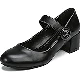 Mary Janes for Women Black Chunky Heel Ankle Strap Womens Dress Shoes Close Rounded Toe Dress Shoes for Women Low Mary Heels Pumps Size 7.5 Leather