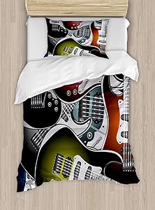 Ambesonne Popstar Party Duvet Cover Set Twin Size, Pile of Graphic Colorful Electric Guitars Rock Music Stringed Instruments, Decorative 2 Piece Bedding Set with 1 Pillow Sham, Black Coral