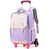 NIWEIYA Purple Rolling Backpack for Girls Kids Roller Backpack with Wheels for Girls, Trolley School Bags for Primary Students, Kids Wheeled Bookbags on 6 Wheels, Purple