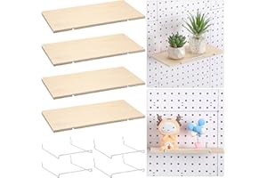 Wonderjune 4 Pcs Wooden Pegboard Shelves with Metal Pegboard Shelf Brackets Peg Board Display Storage Tray Wall Organizer Peg Board Accessories for Craft Room Home Office Kitchen(Brown)