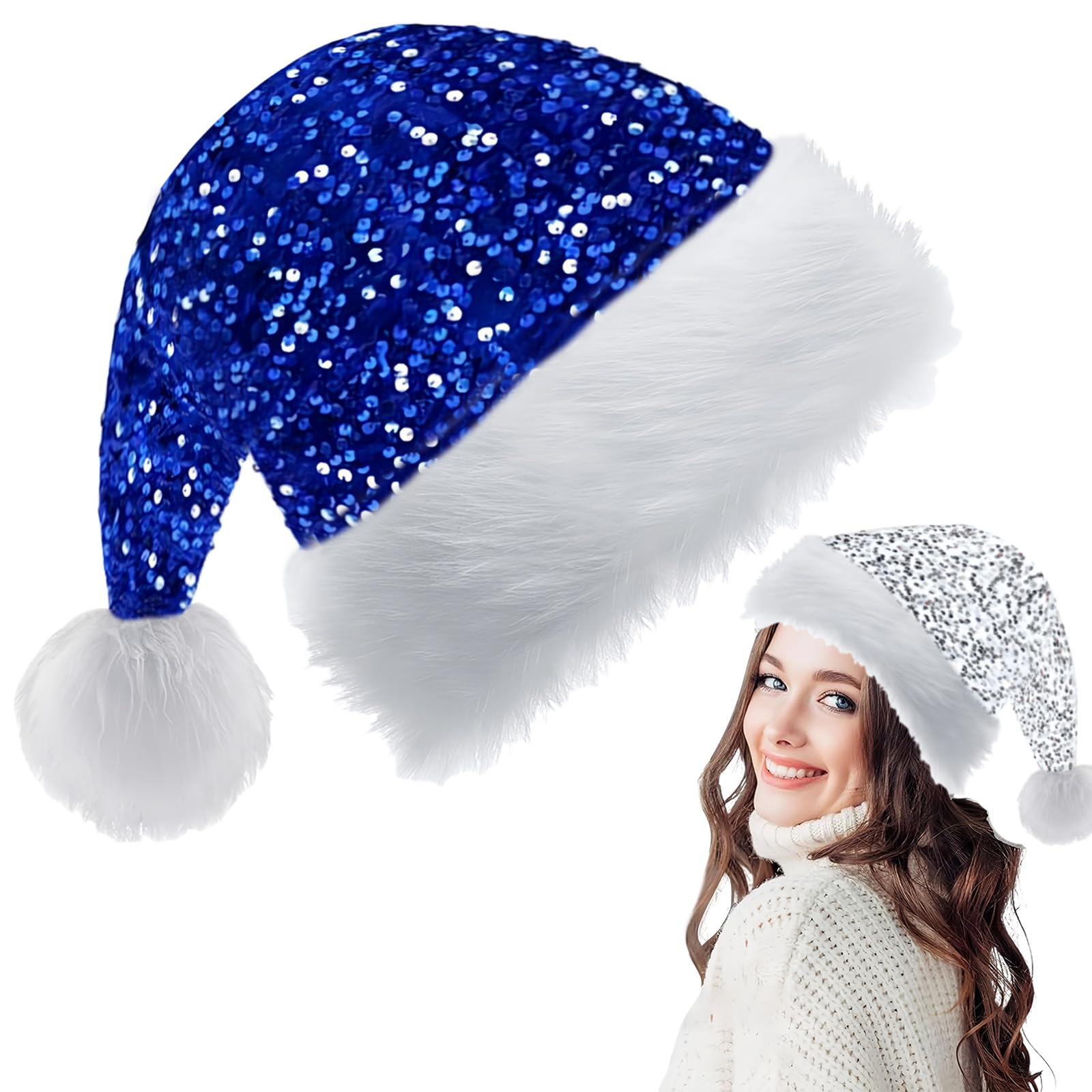 Blue Santa Christmas Hat 35*45cm for Adults, Kids - Shiny Sequin Xmas Plush Santa Claus Hat - Unisex Velvet Father Christmas Costume Cap for Holiday New Year Party Gift