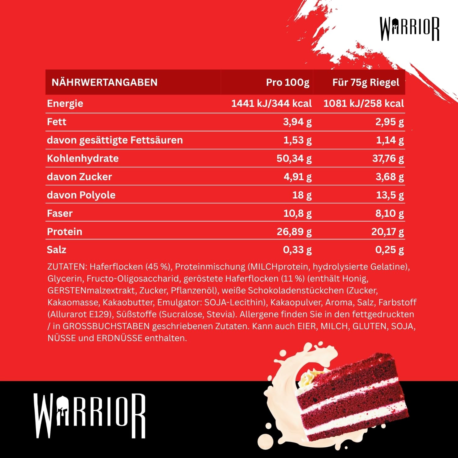 Warrior Raw Proteinriegel 12 x 75 g – Ballaststoffreicher Haferriegel mit Protein, High Protein Snack ohne Zucker, Natürlicher Haferflocken Riegel mit Präbiotika – Red Velvet Kuchen 5