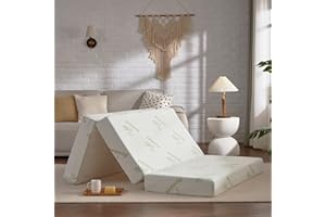 SINWEEK Memory Foam Folding Mattress, 4 Inch Foldable Trifold Mattress Topper, CertiPUR-US Certified Guest Bed with Cooling Cover & Waterproof Lining