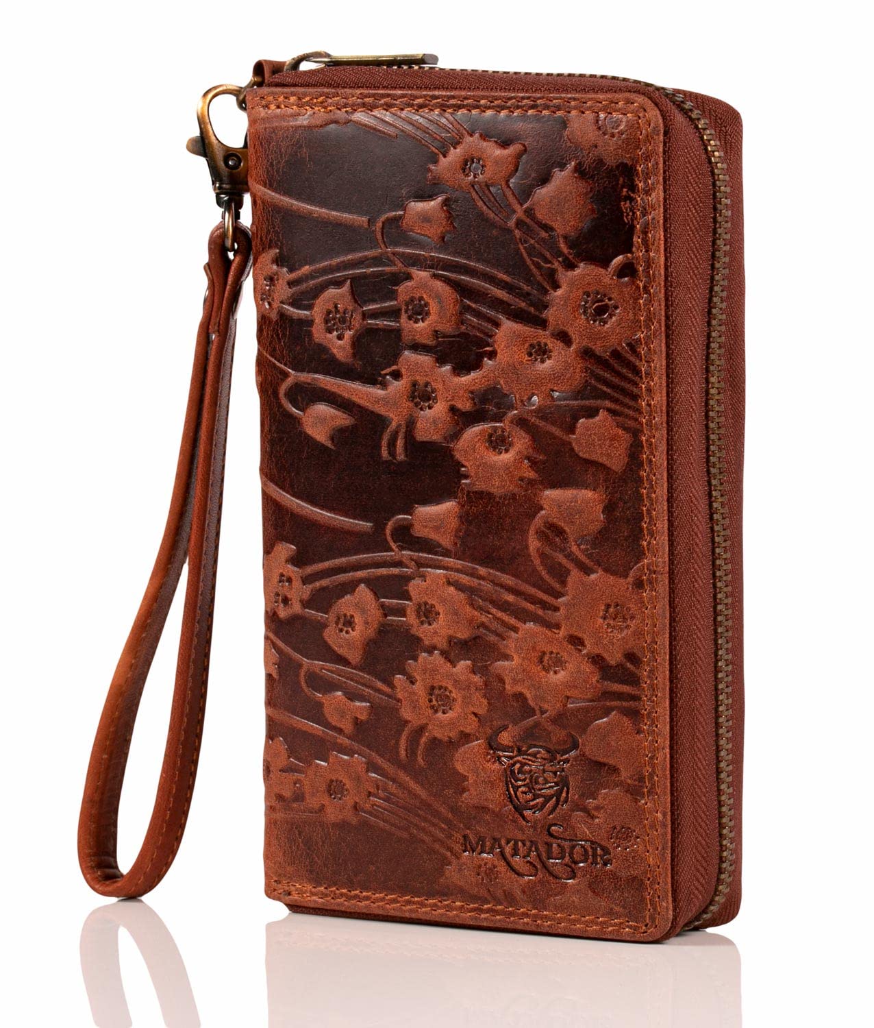 MATADOR #Cadiz Women's Leather Wallet with Elegant Gift Box, Elegant Wallet with RFID Blocker, Luxury Women Wallet Many Card Slots in Flowers Brown