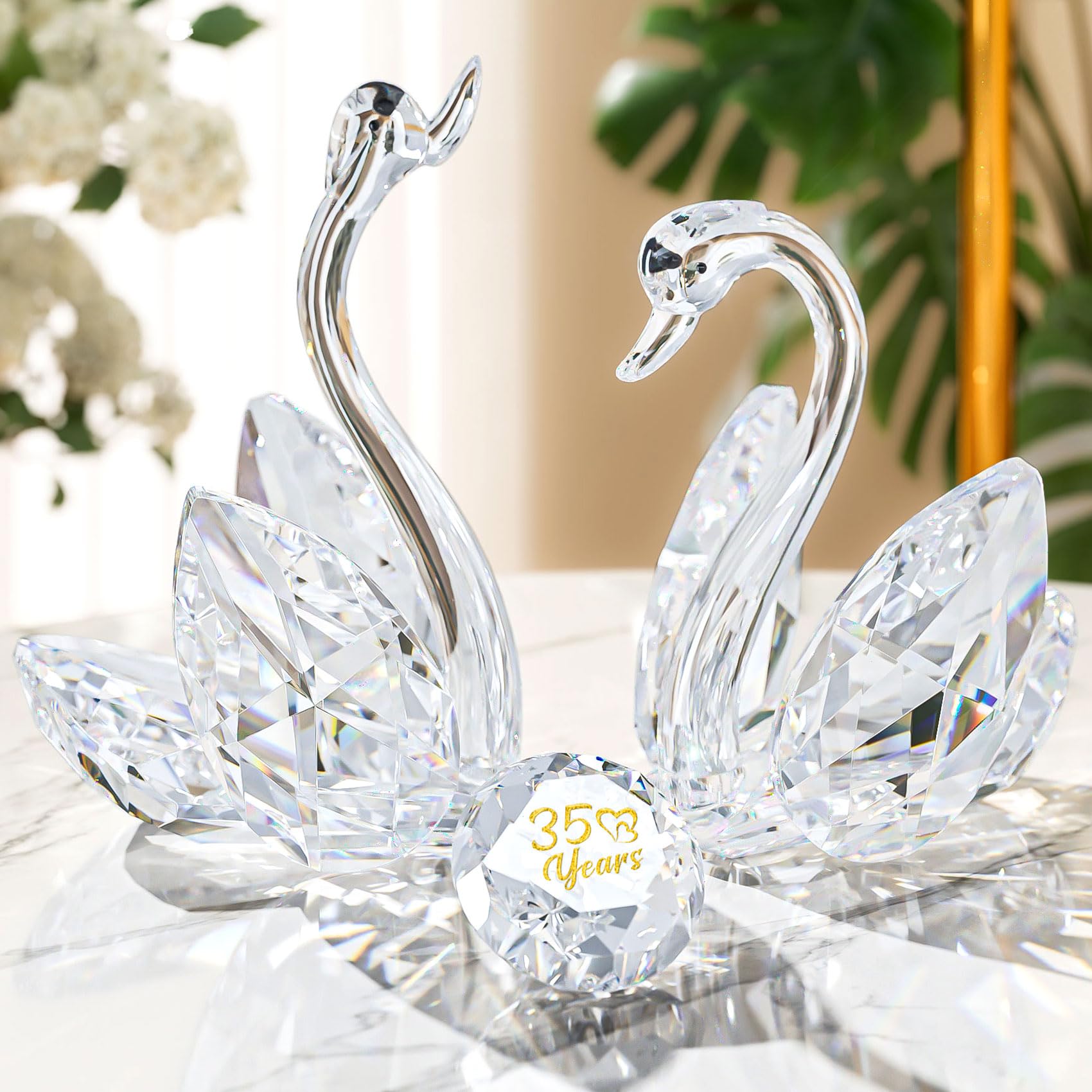 Ornalrist 2Pcs Clear Crystal Swans 35th Wedding Anniversary Romantic Gifts for Wife Couples, Glass Double Collectible Swans 35 Years Marriage Wedding Gifts for Friends Husband Home Ornaments