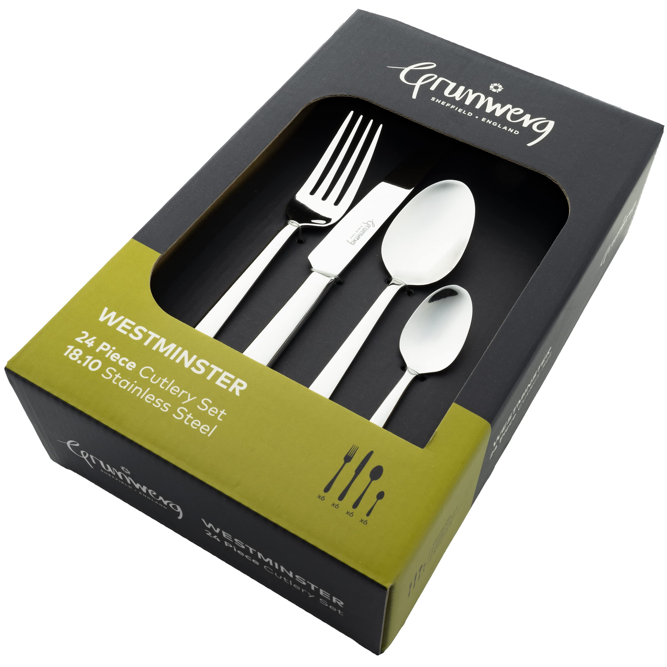 Grunwerg Westminster 24 Piece Cutlery Set, 18/10 Stainless Steel, 6 x Table Forks, Table Knives, Teaspoons, Dessert Spoons, Silver