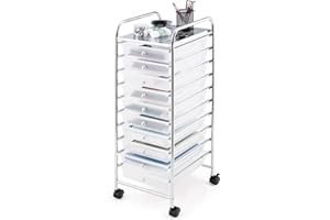 Happygrill 10-Drawer Storage Cart, Utility Cart with Removable Drawers & Metal Frame, Rolling Storage Cart with Lockable Wheels for Home, Office, Clear