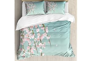 Ambesonne Weeping Flower Duvet Cover Set, Freshly Blooming Cherry Blossom Branches Buds, Decorative 3 Piece Bedding Set with 2 Pillow Shams, Queen Size, Mint Pale Pink and Taupe