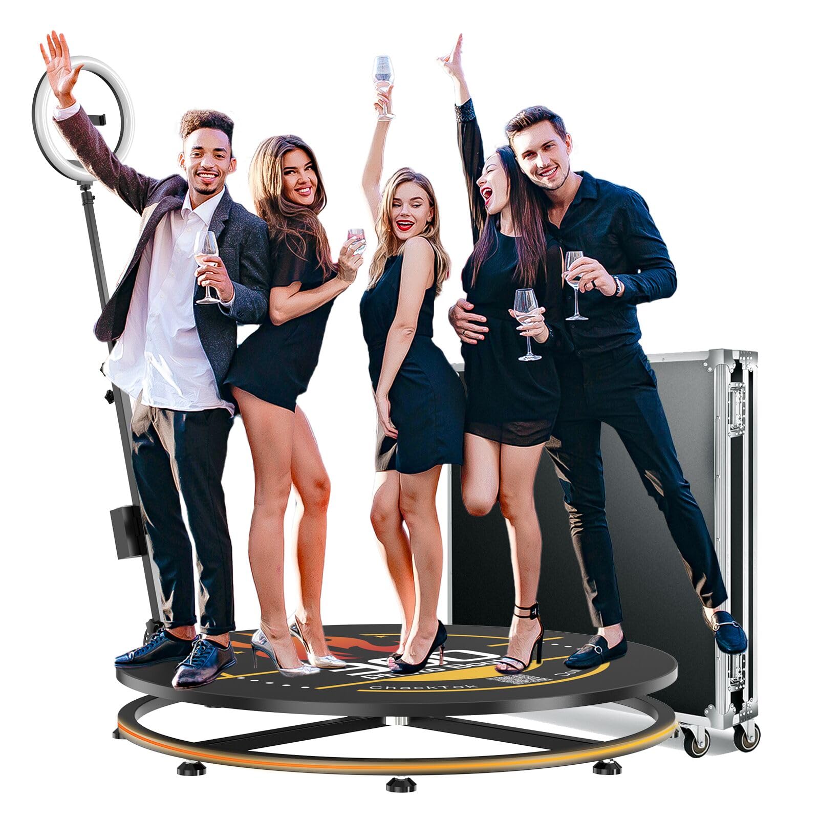Photo 1 of 360 Photo Booth Machine for Parties, 39.4" Slow Motion Rotating Video Booth for 4-6 People Stand, RGB Strip Light Software APP Control 360 Photo Booth with Flight Case