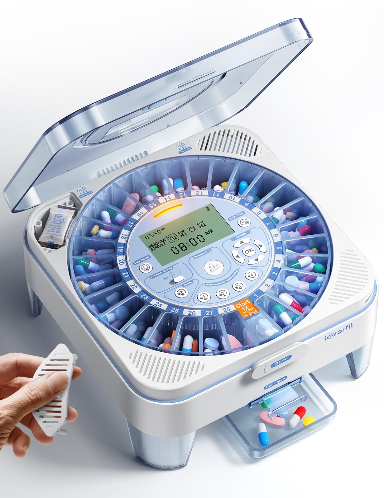 Photo 1 of 28-Day(1X) Automatic Pill Dispenser – One-Press Daily Dispense (No APP), Easy-to-Use Slide-Door Cup, Sound & Light Alerts, Moisture-Proof Dual Desiccants, Large Compartments for Tablets & Capsules