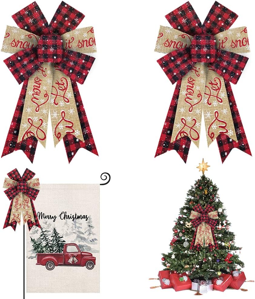 Bows & Ribbons - Hying 2PCS Christmas Bows for Wreath, Burlap Red Wreath Bows for Xmas Décor Red Black Buffalo Plaid Winter Bow for Front Door Indoor Outdoor Wall Tree Topper Decoration Supplies Christmas Ornament